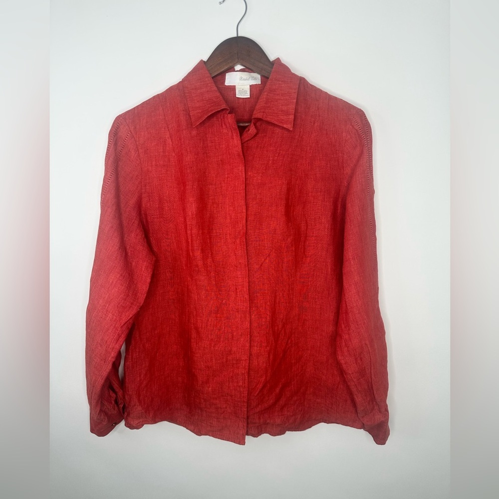 VTG Marshall Field's 100% Linen  womens sz 8 long‎ sleeve collared blouse